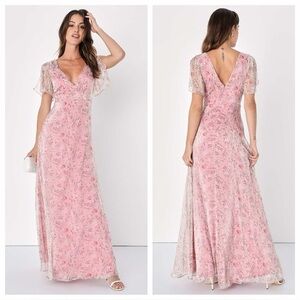 Lulus Dreamiest Desires Pink Floral Flutter Sleeve Maxi Dress